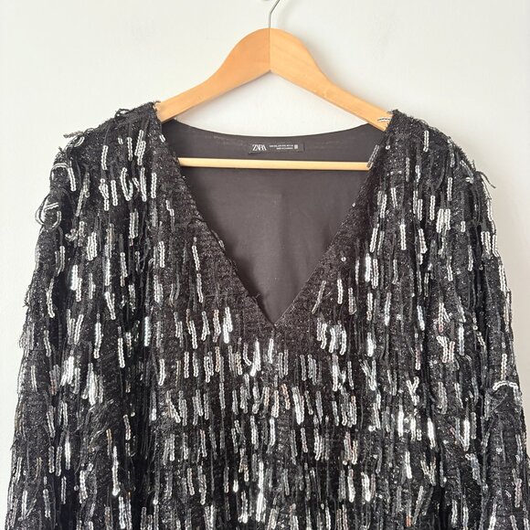 Zara Fringed Sequin Mini Shift Dress Long Sleeve Black Silver Size XXL - Picture 7 of 11